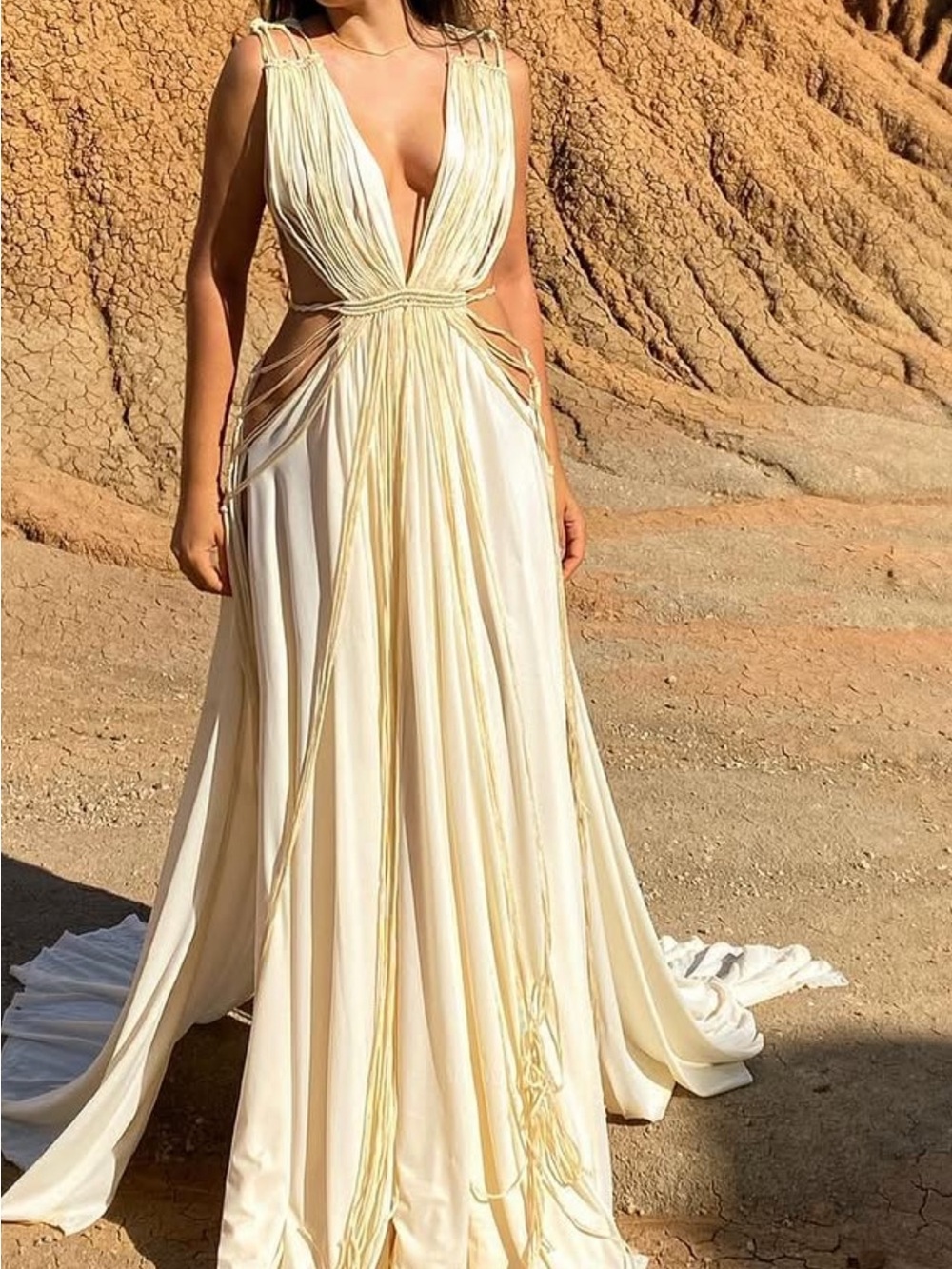 Backless Cream Evening Gown with Gold Rope Detail